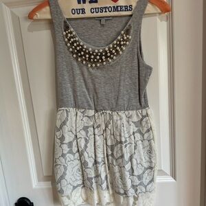 Gray and Cream Sleeveless Dress with Pearl Detail